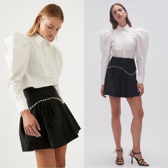 Aje Florence Pearl Trim Lightweight Poplin Ruffle Hem Mini Skirt Size 8 NWT - Picture 2 of 8